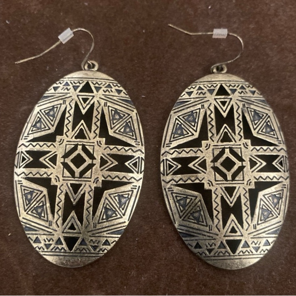 Geometric Rustic Brass Oval Earrings
